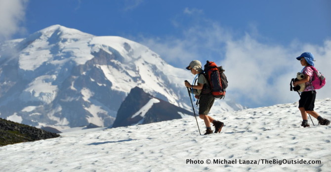 Hiking across Spray Park, below Mount Rainier.