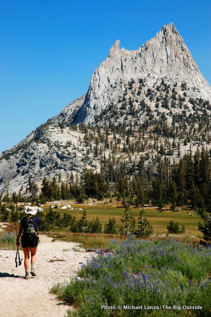 Hiking the John Muir Trail below Cathedral Peak in Yosemite National Park.
